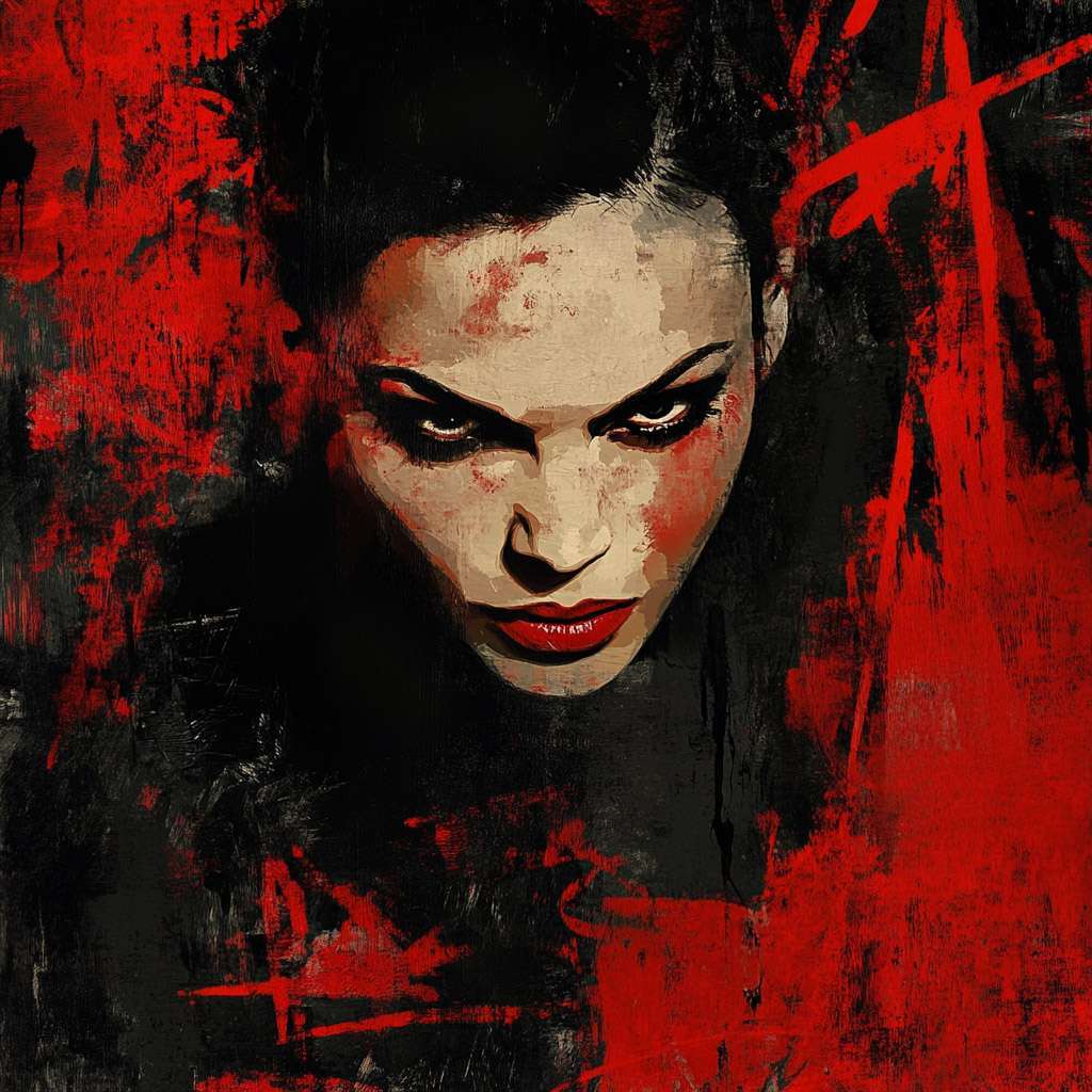 A digitally painted, menacing face with intense eyes and red lips emerges from a dark, abstract red and black background.