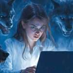 A person intently looks at a laptop, surrounded by menacing wolves in a dark, eerie setting.