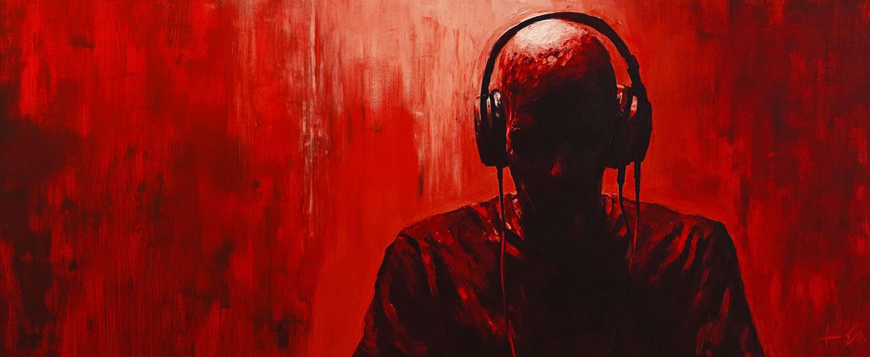Silhouette of a person wearing headphones against a red background.