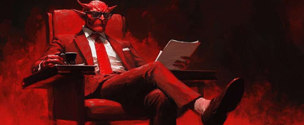 A red devil in a suit sits in a chair, reading a document and holding a cup.
