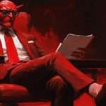 A red devil in a suit sits in a chair, reading a document and holding a cup.