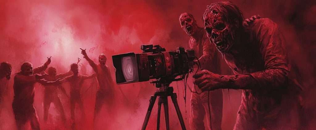 Zombies operating a camera amidst a red, foggy background.