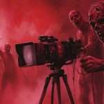 Zombies operating a camera amidst a red, foggy background.