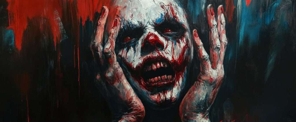 A distorted, screaming face with clown-like makeup and blood-like paint, hands framing the face, against a dark background.