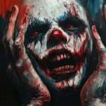 A distorted, screaming face with clown-like makeup and blood-like paint, hands framing the face, against a dark background.