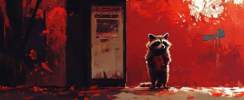 A raccoon stands upright holding a small object in front of a vintage gas pump, against a vivid red backdrop.