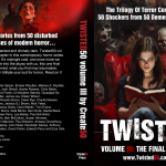 A horror book cover titled "Twisted50 Volume III: The Final Chapter" features a woman reading amidst dark, eerie figures. Authors' names are listed on the back cover.