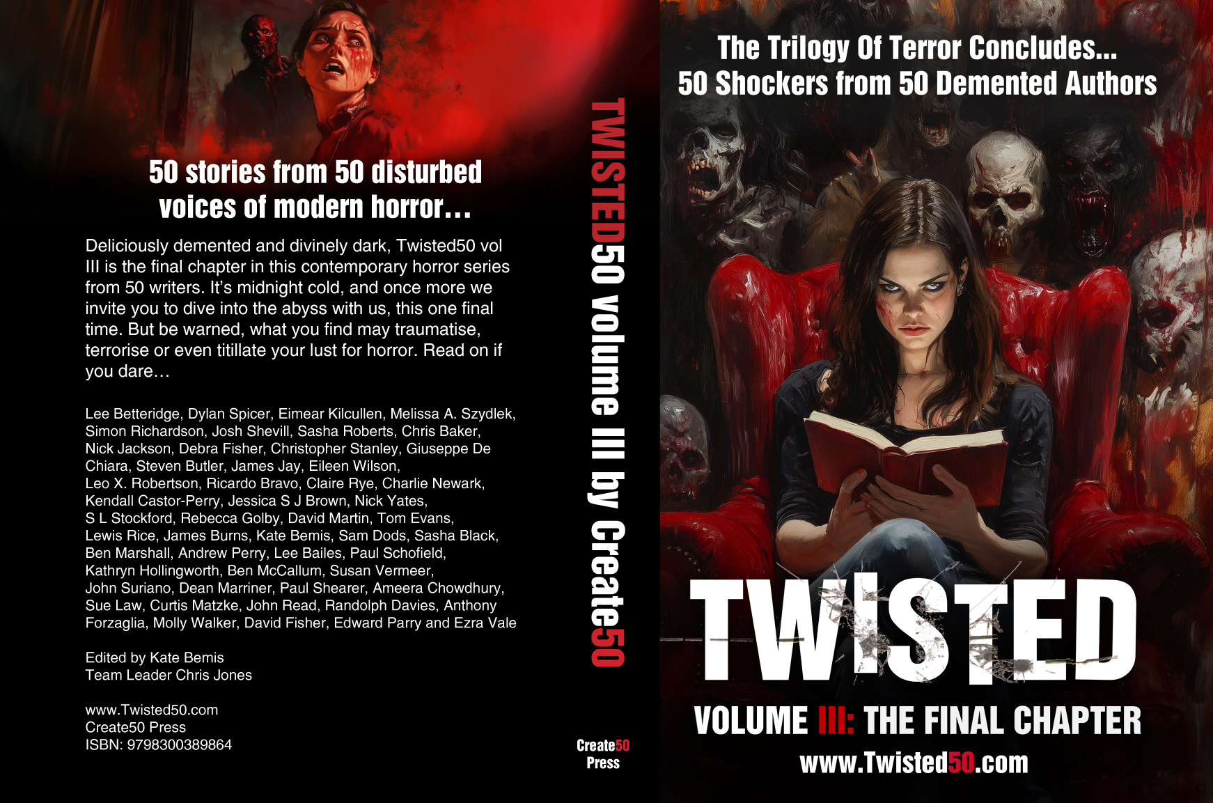 A horror book cover titled "Twisted50 Volume III: The Final Chapter" features a woman reading amidst dark, eerie figures. Authors' names are listed on the back cover.