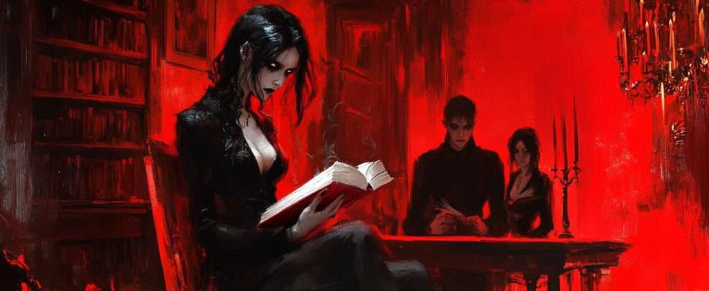 A woman in black reads a book in a dark, red-lit room. Two figures sit at a table in the background, with a candelabra nearby.