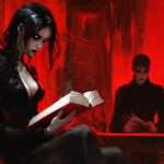 A woman in black reads a book in a dark, red-lit room. Two figures sit at a table in the background, with a candelabra nearby.