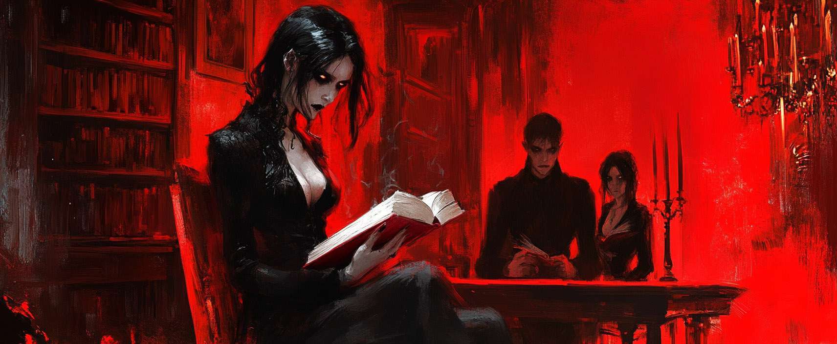A woman in black reads a book in a dark, red-lit room. Two figures sit at a table in the background, with a candelabra nearby.