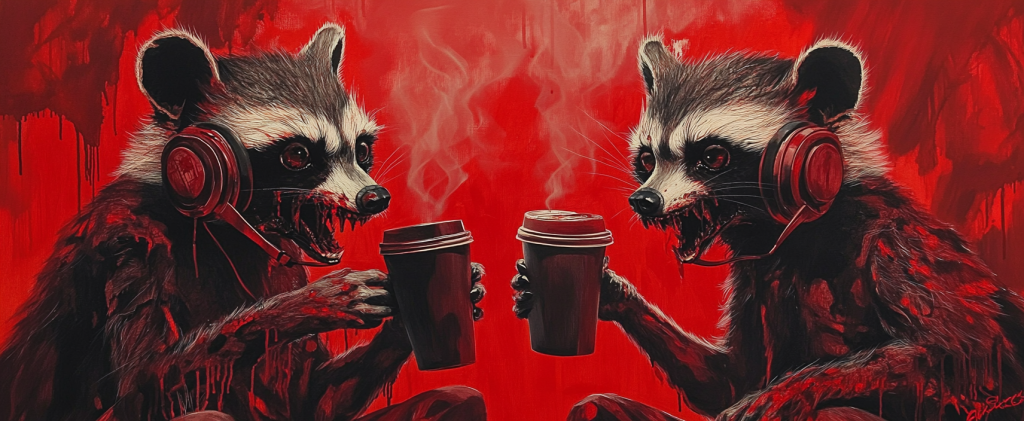 Two raccoons with headphones sit across from each other, holding steaming coffee cups, against a vibrant red background.