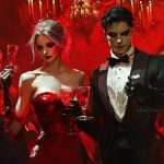 Formal gathering with individuals in elegant attire, holding drinks in a red-lit room. A human figure with a wolf's head is included.