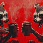 Two raccoons with headphones sit across from each other, holding steaming coffee cups, against a vibrant red background.