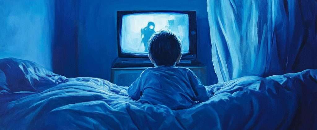 A child sits on a bed watching a television screen in a dark room, bathed in blue light.