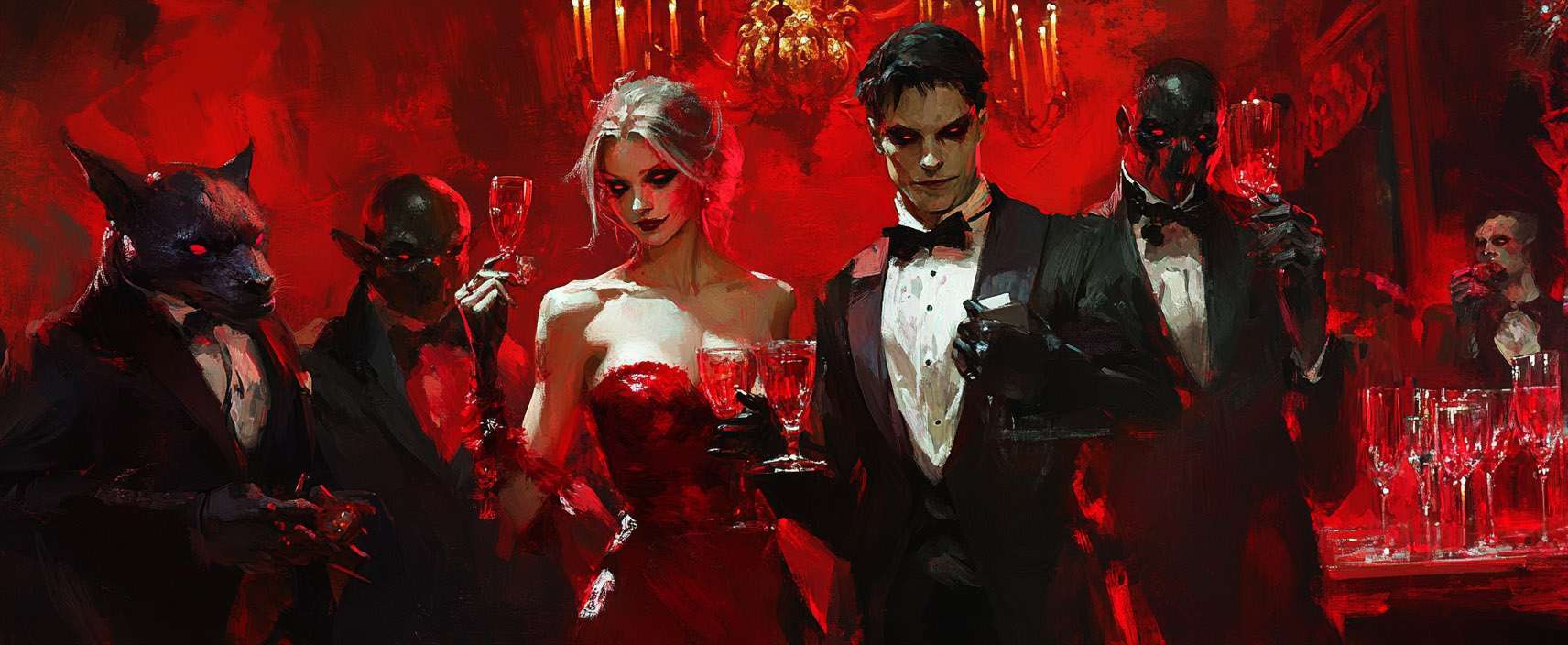 Formal gathering with individuals in elegant attire, holding drinks in a red-lit room. A human figure with a wolf's head is included.