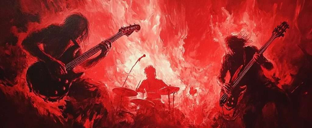 Silhouetted rock band performs with intense red light and flames in the background.