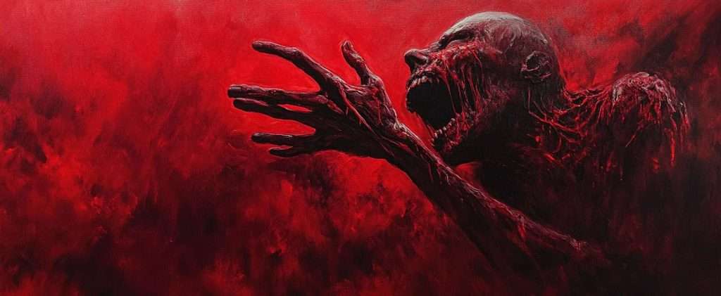 A screaming figure with skeletal features reaches out in a vivid red, abstract backdrop.