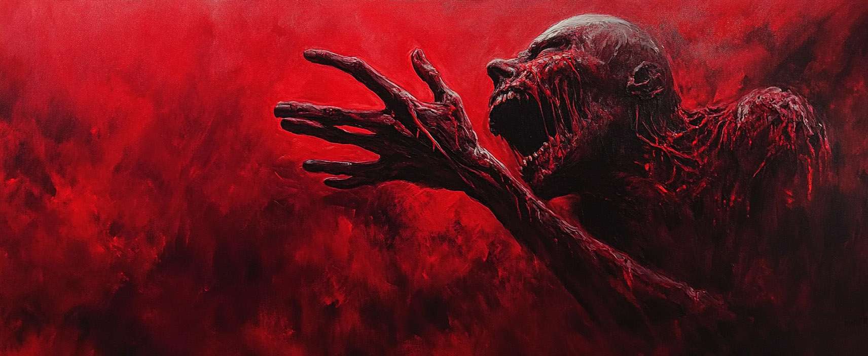 A screaming figure with skeletal features reaches out in a vivid red, abstract backdrop.