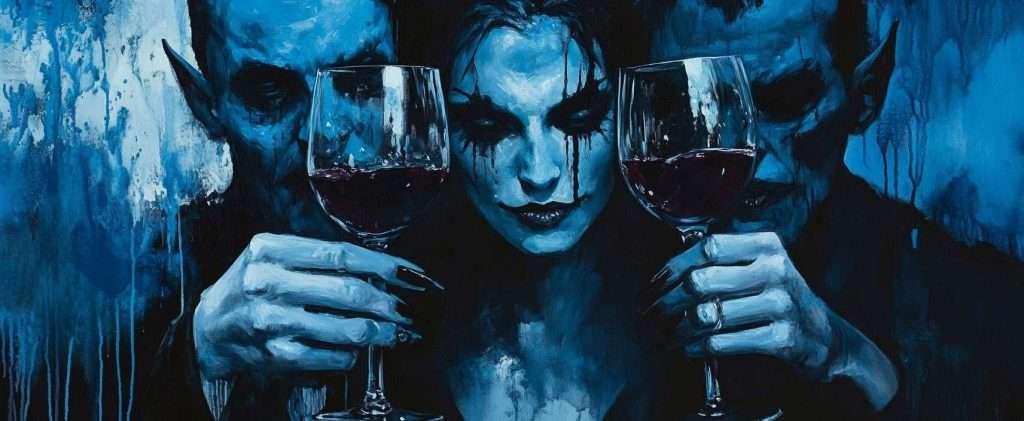 Three figures with gothic appearances hold glasses of red wine, painted in dark blue tones.