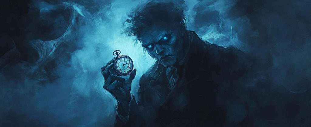 A mysterious figure with glowing eyes holds a pocket watch against a smoky blue background.