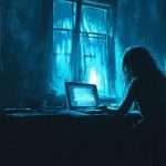 A silhouette of a person sits at a desk working on a laptop in a dimly lit room, illuminated by the blue light from the screen and a window.
