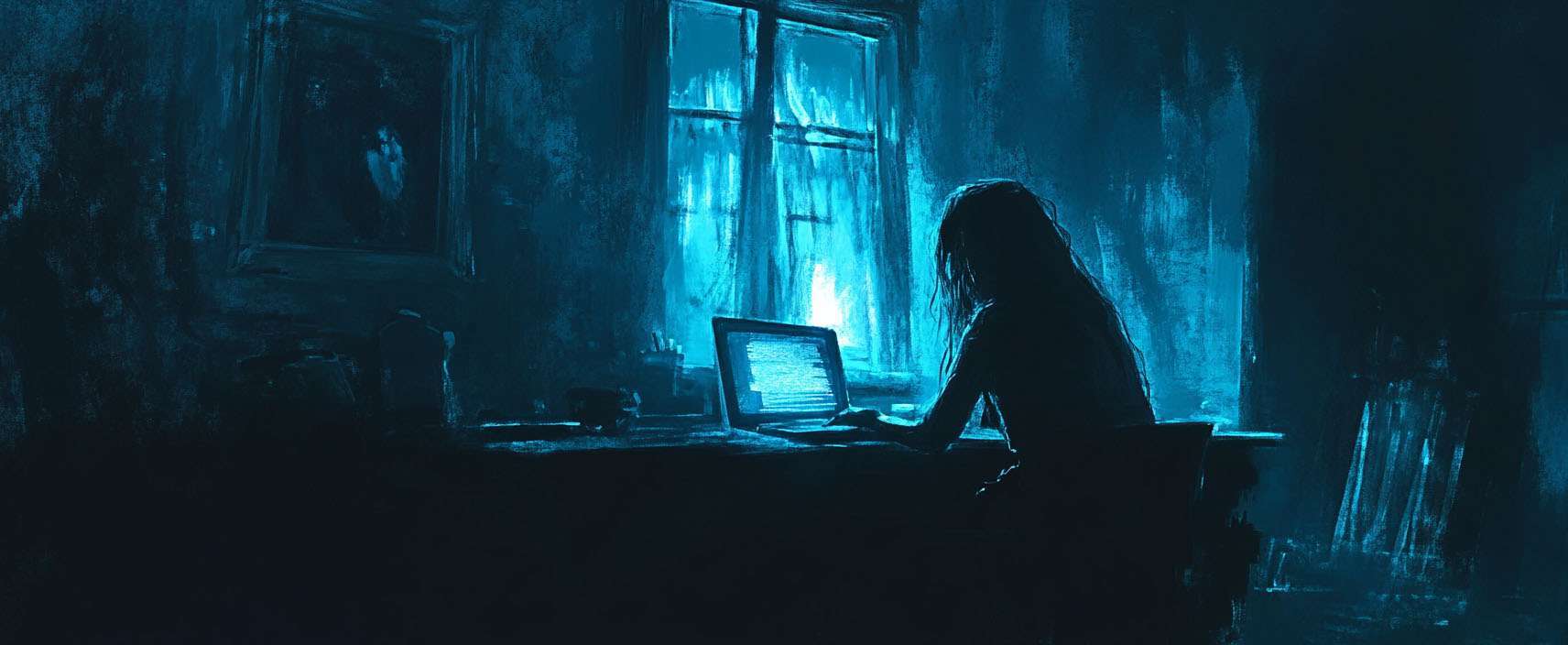 A silhouette of a person sits at a desk working on a laptop in a dimly lit room, illuminated by the blue light from the screen and a window.