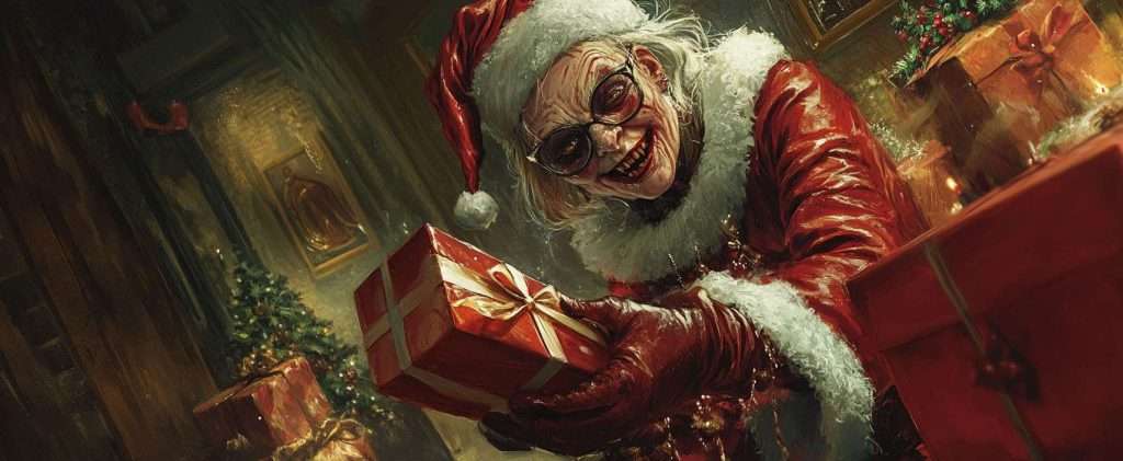 Creepy figure in Santa suit holding a gift, surrounded by wrapped presents and Christmas decorations.