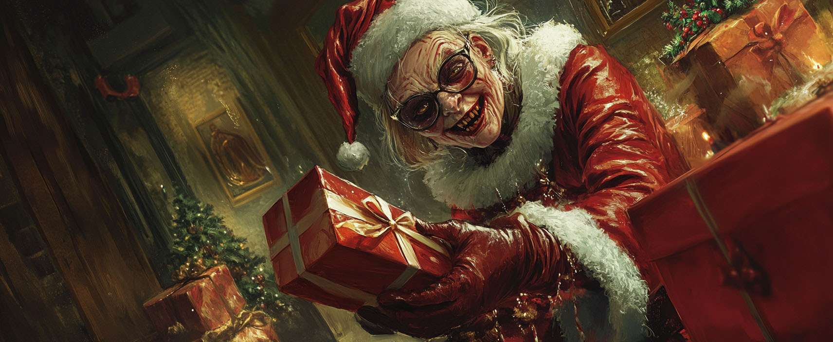 Creepy figure in Santa suit holding a gift, surrounded by wrapped presents and Christmas decorations.