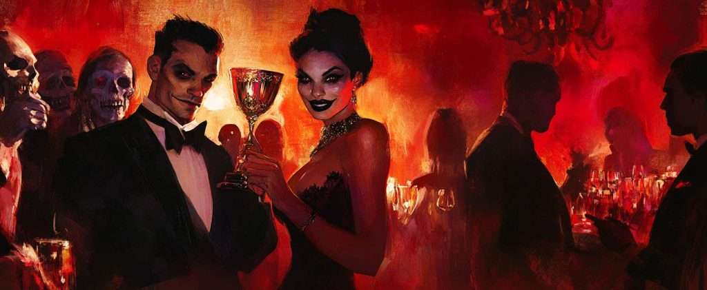 People in formal attire hold drinks at a dimly lit, eerie party with glowing red ambiance; skeletal and human figures mingle in the background.