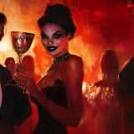 People in formal attire hold drinks at a dimly lit, eerie party with glowing red ambiance; skeletal and human figures mingle in the background.