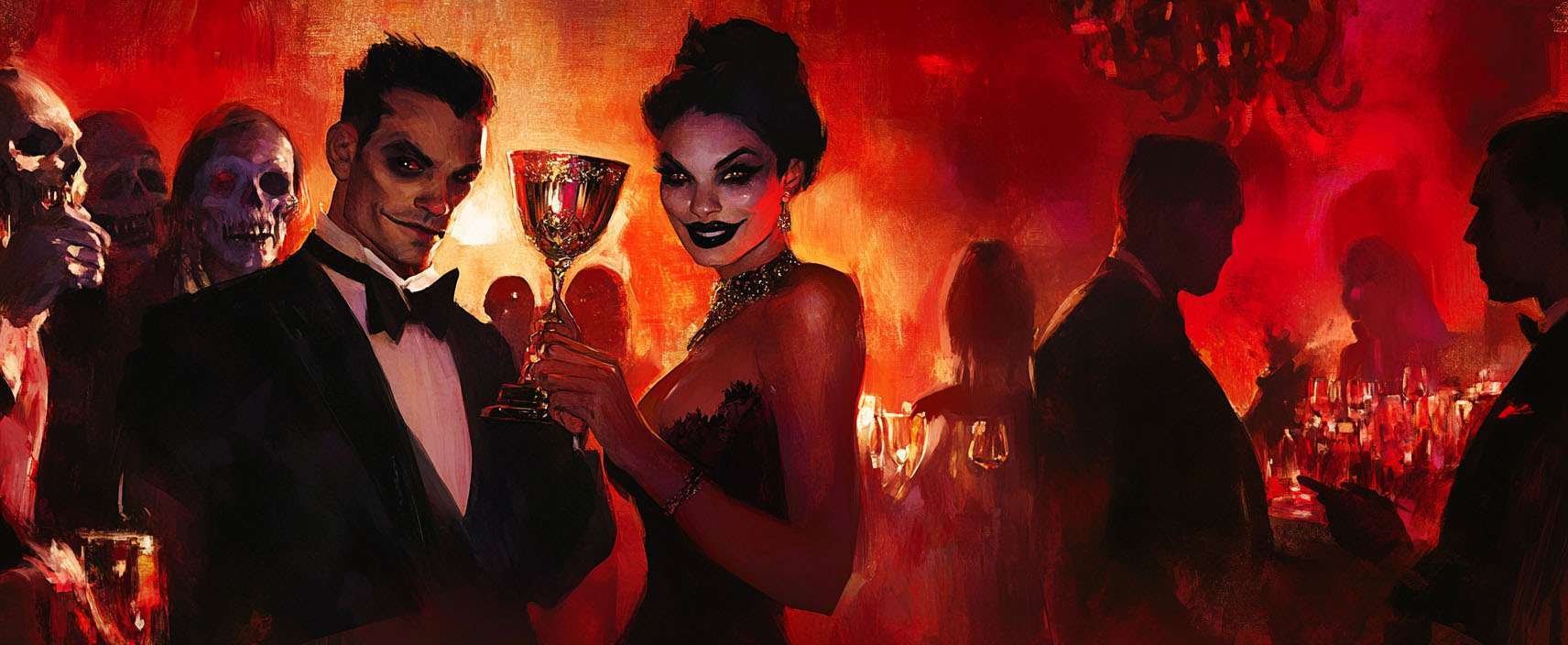 People in formal attire hold drinks at a dimly lit, eerie party with glowing red ambiance; skeletal and human figures mingle in the background.