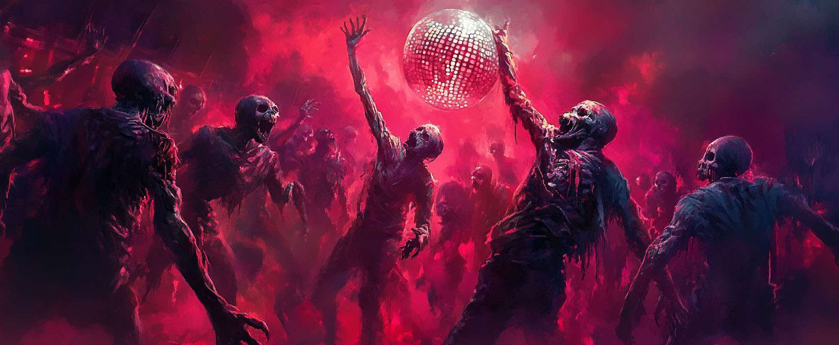 Zombies in a dimly lit room reach towards a glowing disco ball, creating an eerie, vibrant red atmosphere.