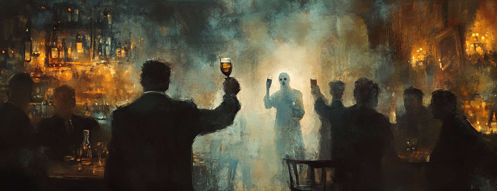 People celebrating in a dimly lit bar raise glasses toward a ghostly figure in the center, surrounded by smoke and warm lighting.