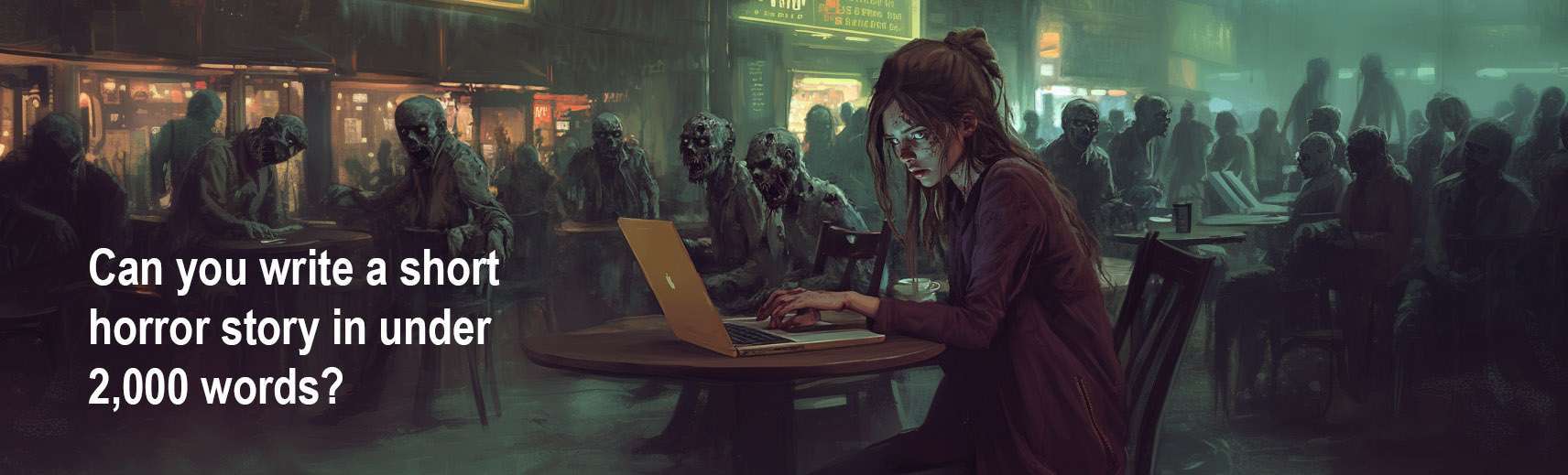 Person typing on a laptop in a dimly lit café filled with shadowy figures. Text reads: "Can you write a short horror story in under 2,000 words?.