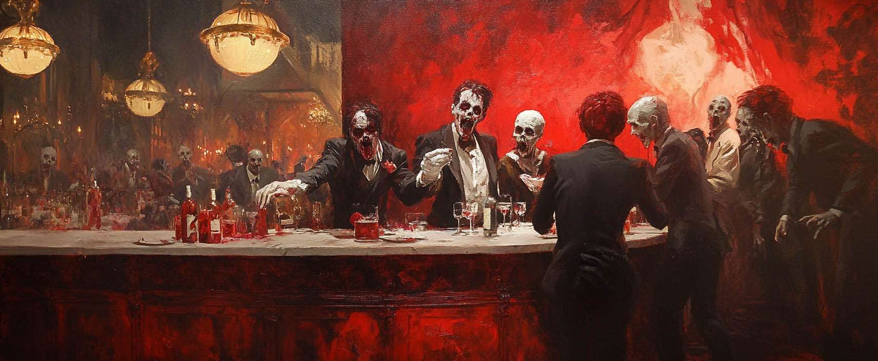 A group of skeletons in formal attire stand at a dimly lit bar surrounded by red and golden hues, holding drinks with a large mirror reflecting the scene in the background.