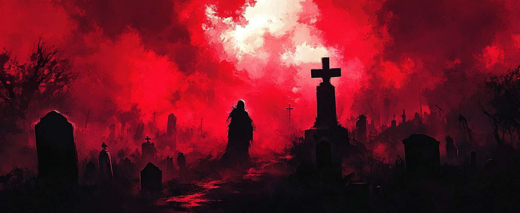 A silhouette of a hooded figure in a graveyard with tombstones, set against a dramatic red sky.