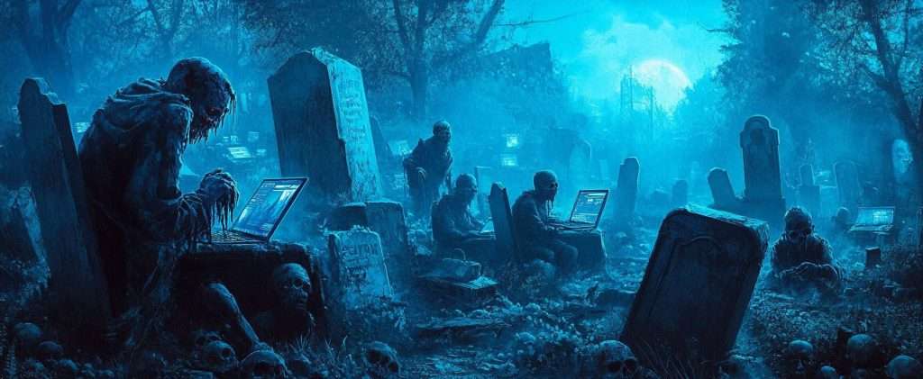 Zombies sit among gravestones using laptops in a moonlit graveyard, surrounded by skulls and eerie blue lighting.