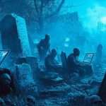 Zombies sit among gravestones using laptops in a moonlit graveyard, surrounded by skulls and eerie blue lighting.
