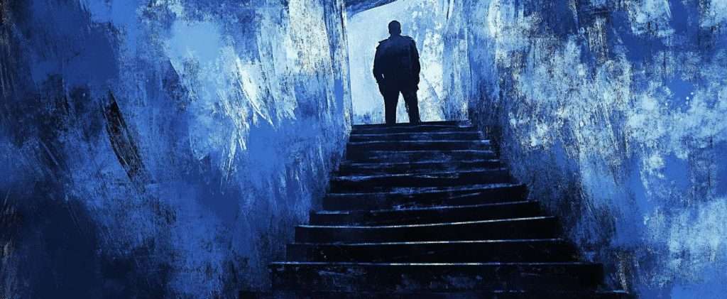Silhouette of a person standing at the top of a staircase in a blue-toned setting.