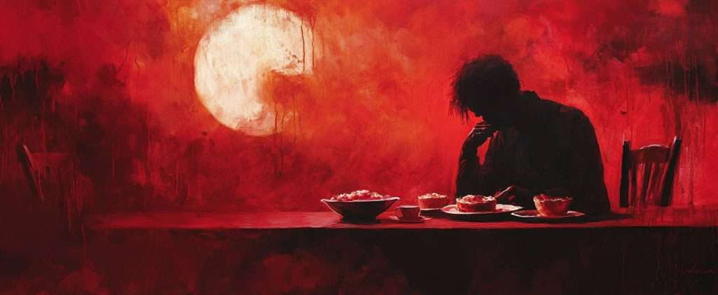 A person sits alone at a table with multiple bowls of food, set against a red background with a bright circular light resembling a moon.