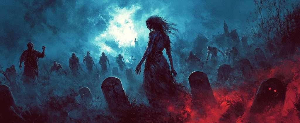 A silhouetted figure stands amidst gravestones, surrounded by shadowy, ghostly figures under a cloudy, eerie sky with blue and red hues.