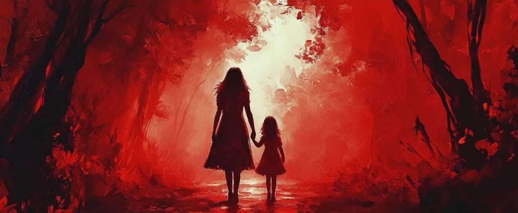 Silhouettes of a woman and child holding hands in a vibrant red forest, walking toward a bright light.
