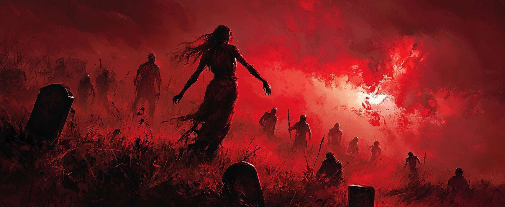 Silhouettes of figures walking through a dark, red landscape with a dramatic sky and scattered gravestones.