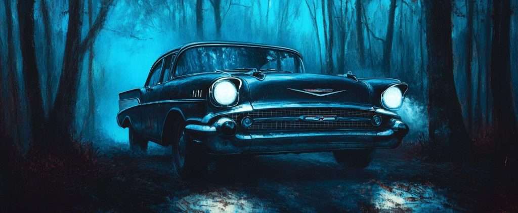 A classic car with headlights on drives through a foggy, dark forest.