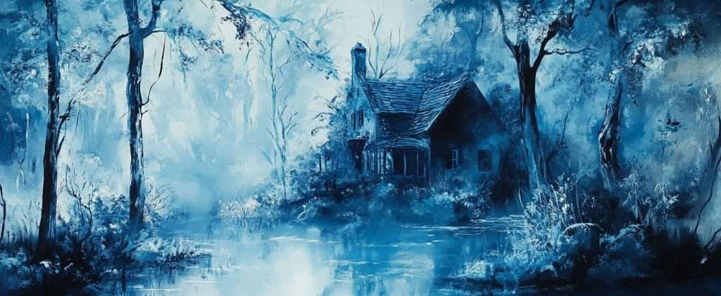 A serene woodland scene with a cottage surrounded by tall trees, reflected in a calm lake. The image is in shades of blue, giving a misty and tranquil atmosphere.