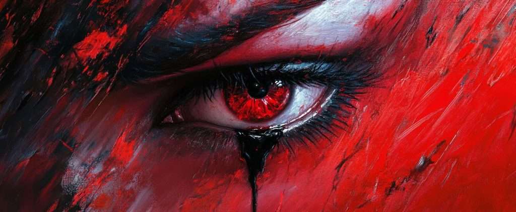 Close-up of a red and black abstract painting featuring an intense eye with a tear, incorporating bold brush strokes and vivid colors.