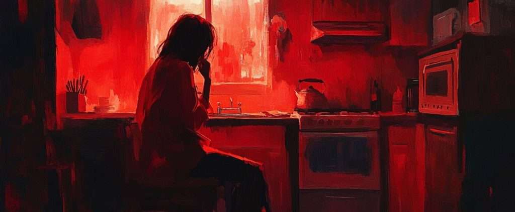 A person sits alone in a dimly lit kitchen, bathed in red light, gazing out the window.