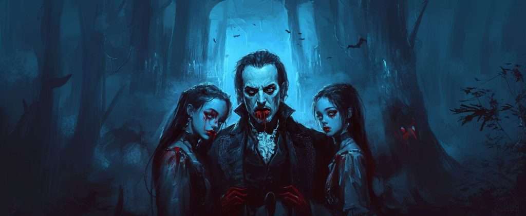 Three eerie figures, including a central vampire with blood on his mouth, stand in a dark, misty forest. Two women on either side look menacing. Bats fly in the background.
