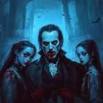 Three eerie figures, including a central vampire with blood on his mouth, stand in a dark, misty forest. Two women on either side look menacing. Bats fly in the background.